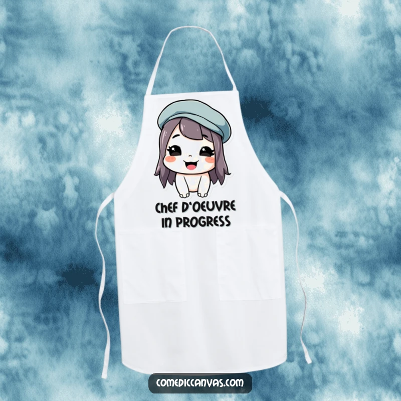 Funny apron depicting a grinning artist wearing a crooked beret, ideal for kitchen creativity.