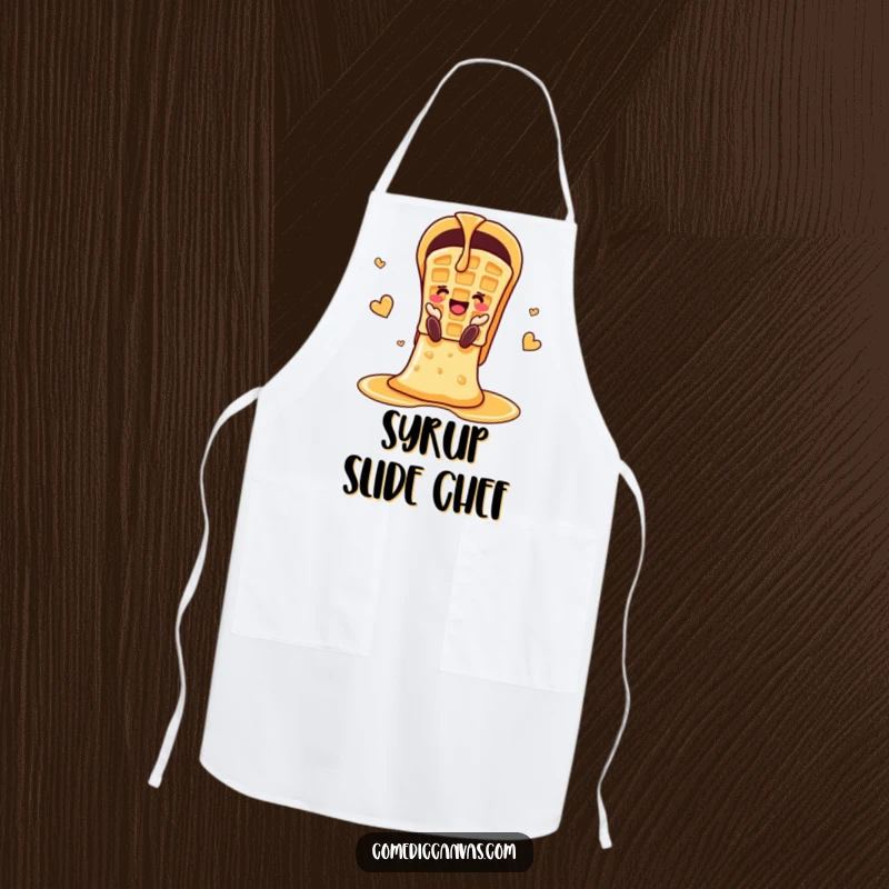 Funny cheerful waffle sliding down a chute made of syrup, a fun apron for cooking.