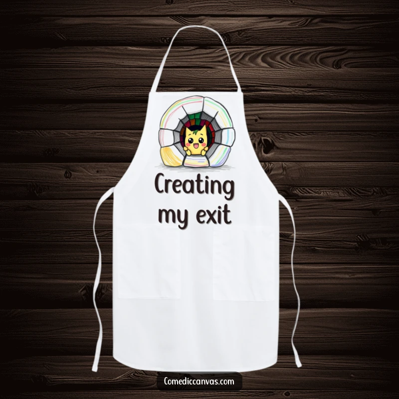 Funny apron showing a mischievous crayon character humorously drawing a tiny escape tunnel, ideal for kitchen fun and artistic flair.