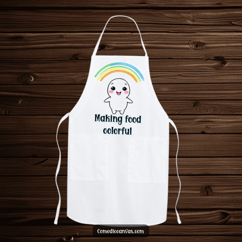 Funny apron with a cheerful crayon character drawing a colorful rainbow, designed for artistic flair in the kitchen or studio.