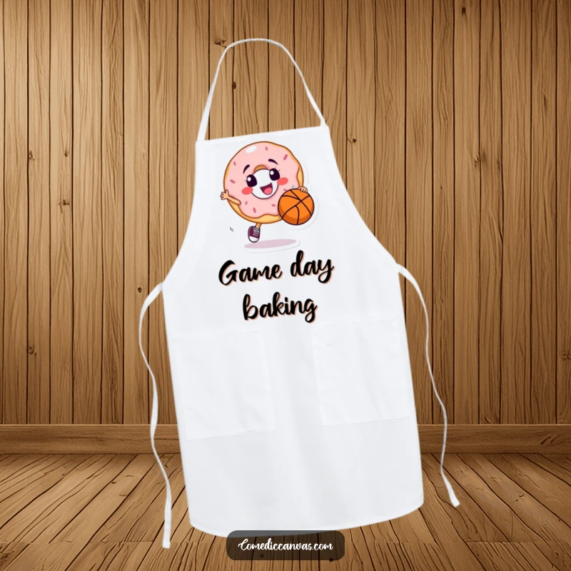 Funny apron featuring a smiling donut character dribbling a basketball, ideal for playful cooking and baking.
