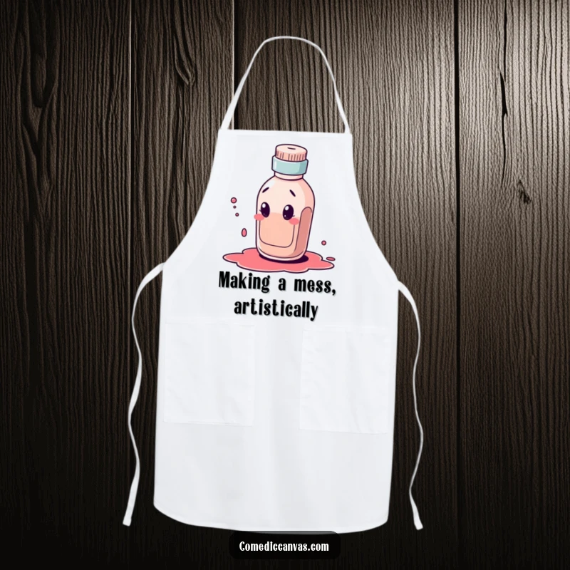 Funny apron showcasing a curious ink bottle character comically dribbling a large ink blot, ready to protect clothes during creative work.