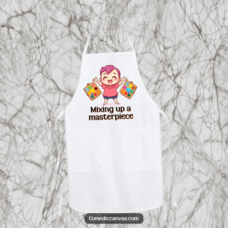 Funny apron showing a happy character juggling three art palettes filled with bright colors, perfect for artistic culinary adventures.