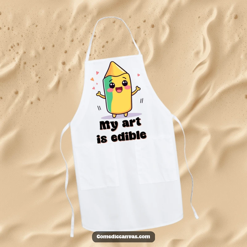 Funny apron showing a cute, kawaii crayon wiggling with delight as it draws, perfect for keeping clean during creative sessions.