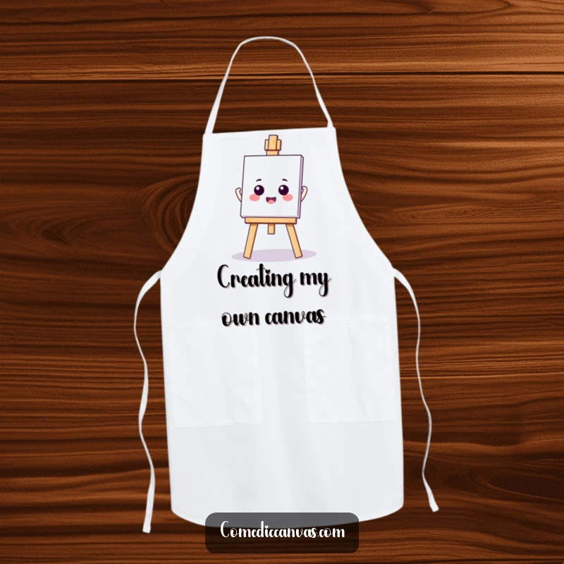 Funny kawaii easel holding a blank canvas, a protective apron for artists and cooks, adding humor to creative tasks.