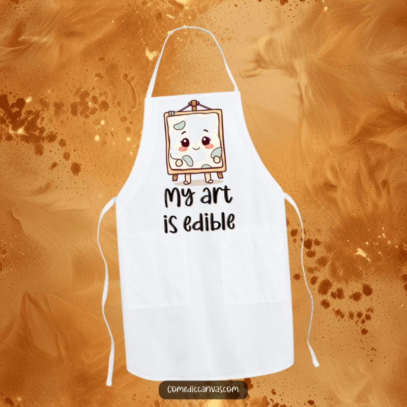 Funny smiling canvas character with a masterpiece emerging, a humorous apron for art activities.