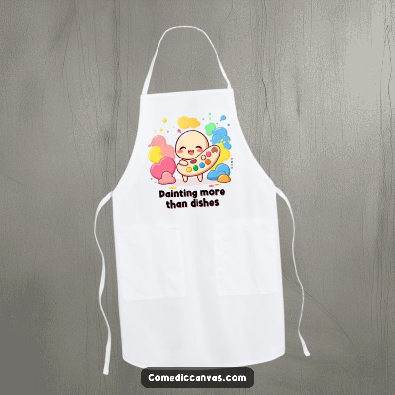 Funny apron with a giggling palette character playing with colorful paint blobs, designed for artistic flair in the kitchen or studio.
