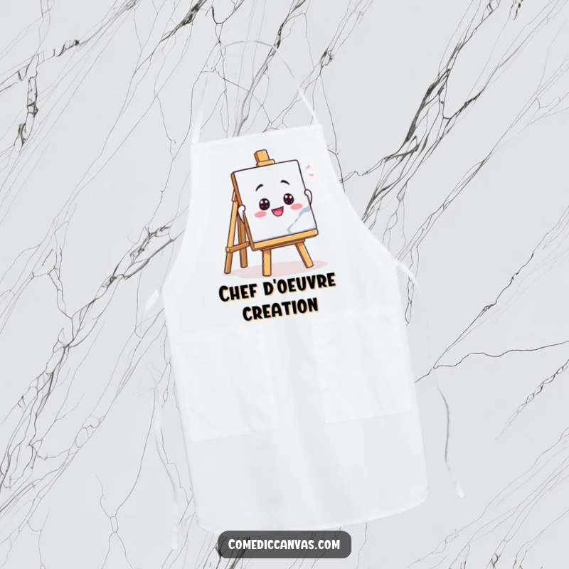 Funny apron with a playful easel character enthusiastically holding up a masterpiece, adding a humorous touch to kitchen tasks.