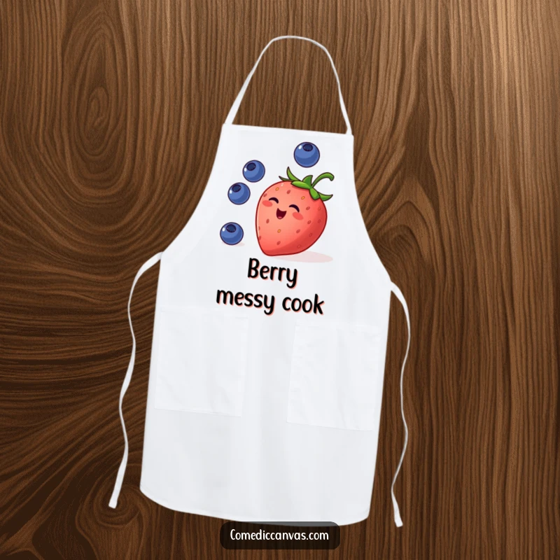 Funny apron depicting a mischievous strawberry juggling blueberries, adding a playful and sweet touch to any culinary adventure.