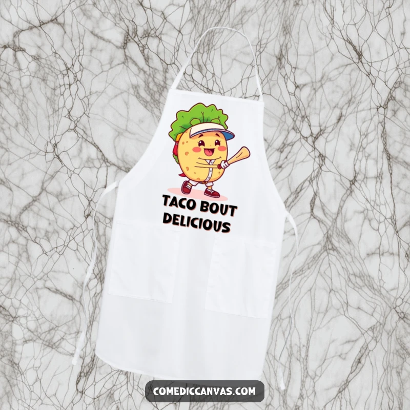 Funny cheerful taco character triumphantly playing baseball, featured on a functional apron for a humorous cooking experience.