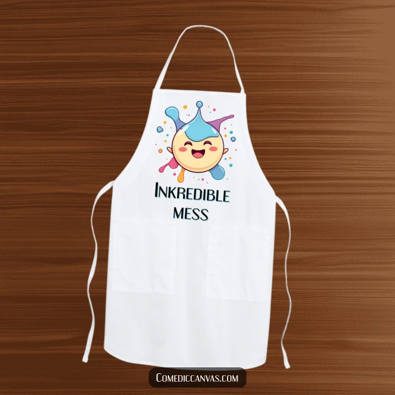 Funny apron with a happy spherical ink drop character joyfully splattering itself, perfect for kitchen fun and embracing messiness.