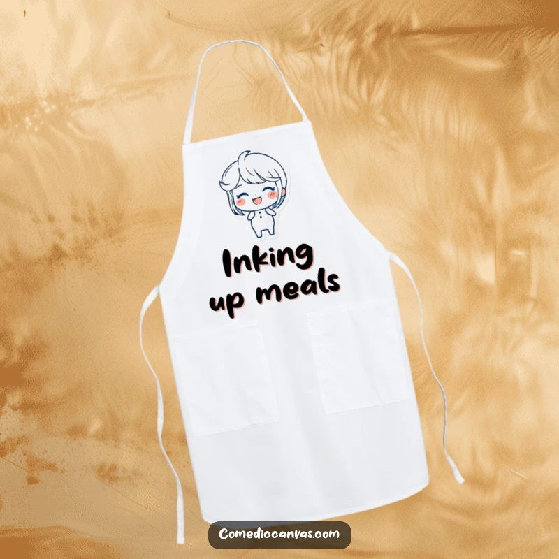 Funny Ink Pen Apron designed for artists and writers, showing a joyful character creating elegant, flowing strokes.