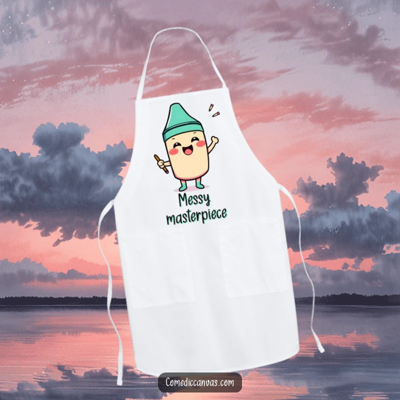 Funny apron with a smiling crayon character excitedly coloring outside the lines of a shape, for protection.