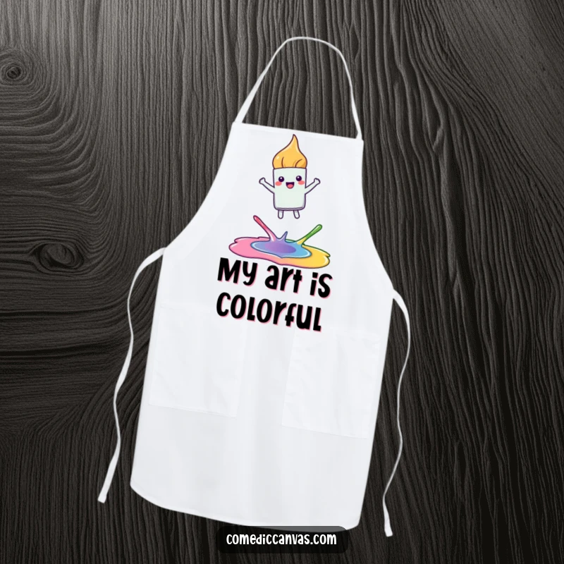Funny apron showing a happy, kawaii paintbrush leaping joyfully between colorful paint puddles, perfect for keeping clean during creative sessions.