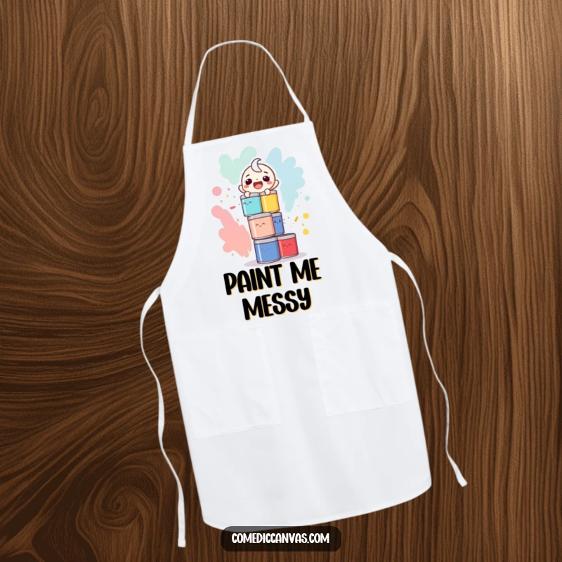 Funny apron showing a character laughing while precariously balancing a tall stack of colorful paint cans.
