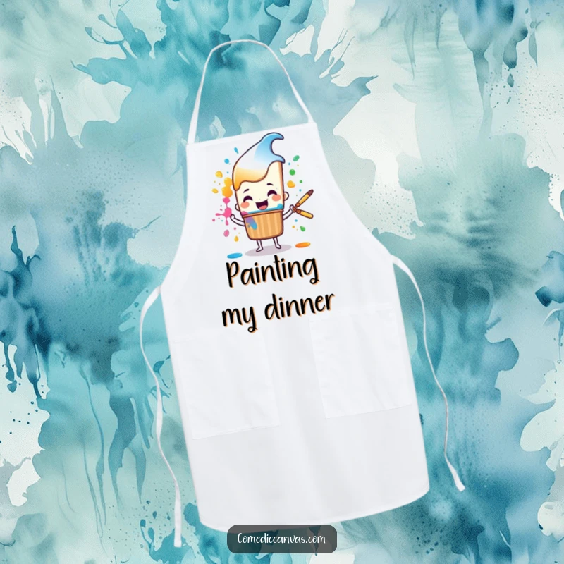 Funny cheerful paintbrush character happily splattering colorful paint, a humorous apron for art activities.
