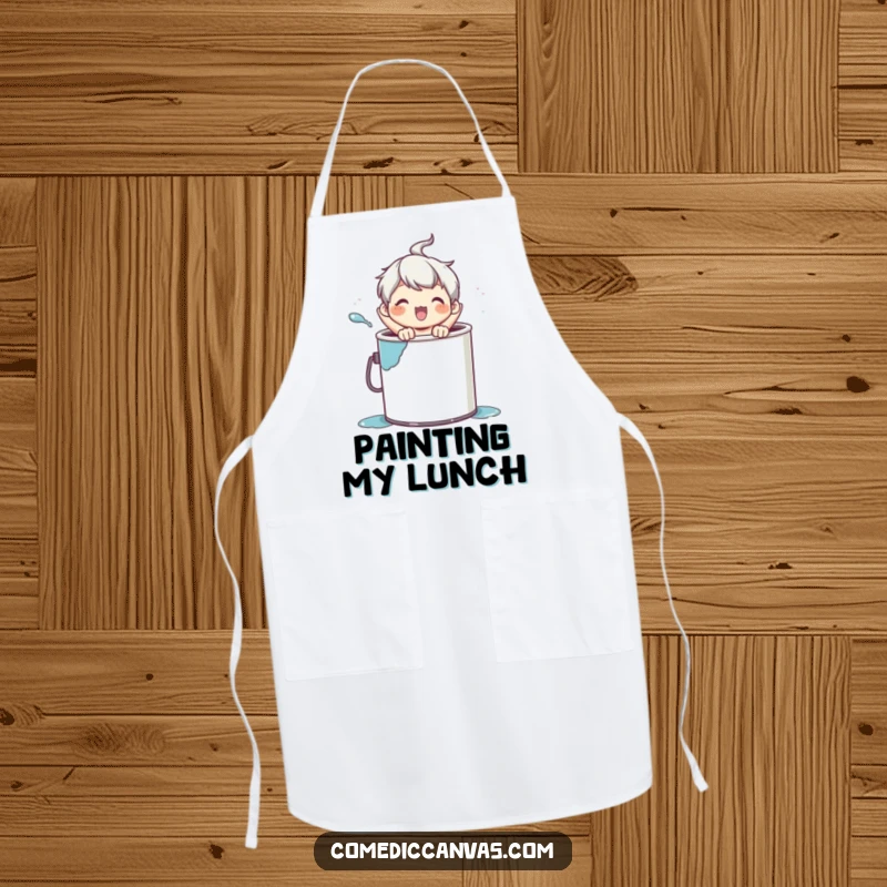 Funny apron depicting a character having fun popping out of a paint can, ideal for messy creative sessions.