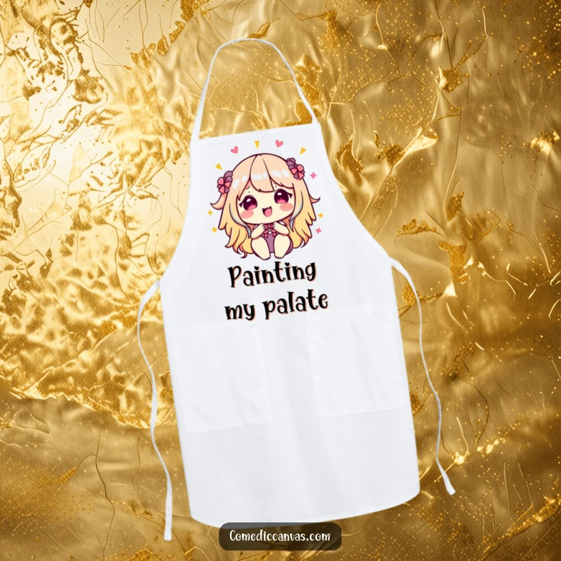 Funny kawaii artist's palette mixing colors, a durable apron for creative tasks, combining practicality with joyful artistic humor.