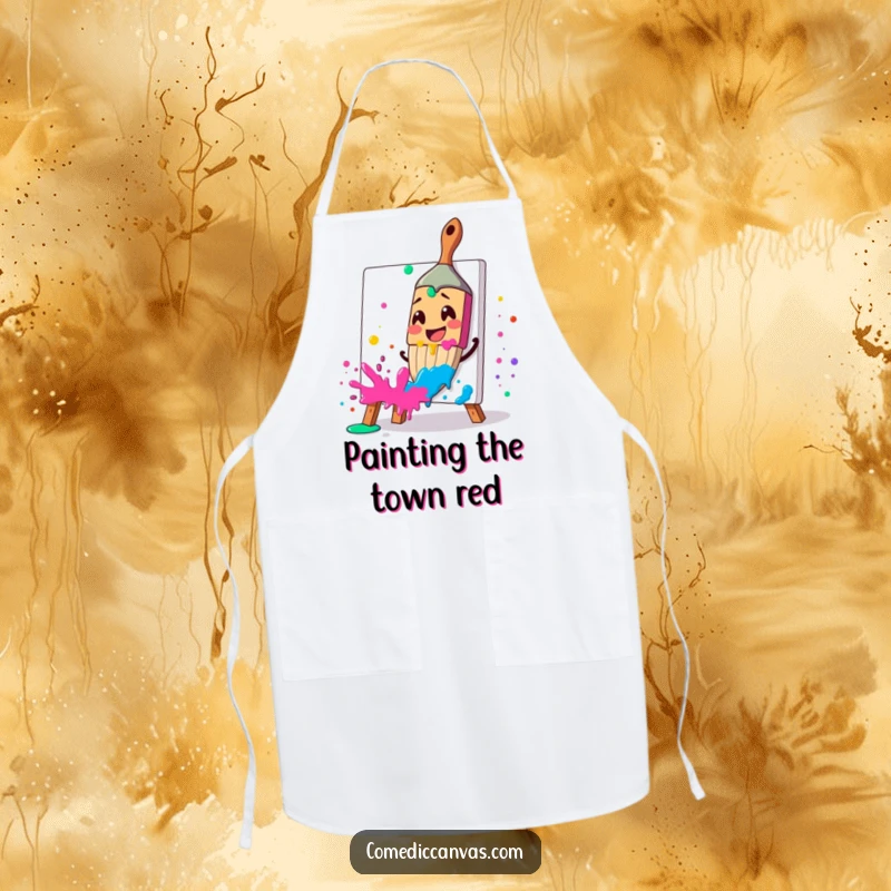 Funny apron with a smiling paintbrush excitedly splattering vibrant paint, perfect for protecting clothes, a funny gift.