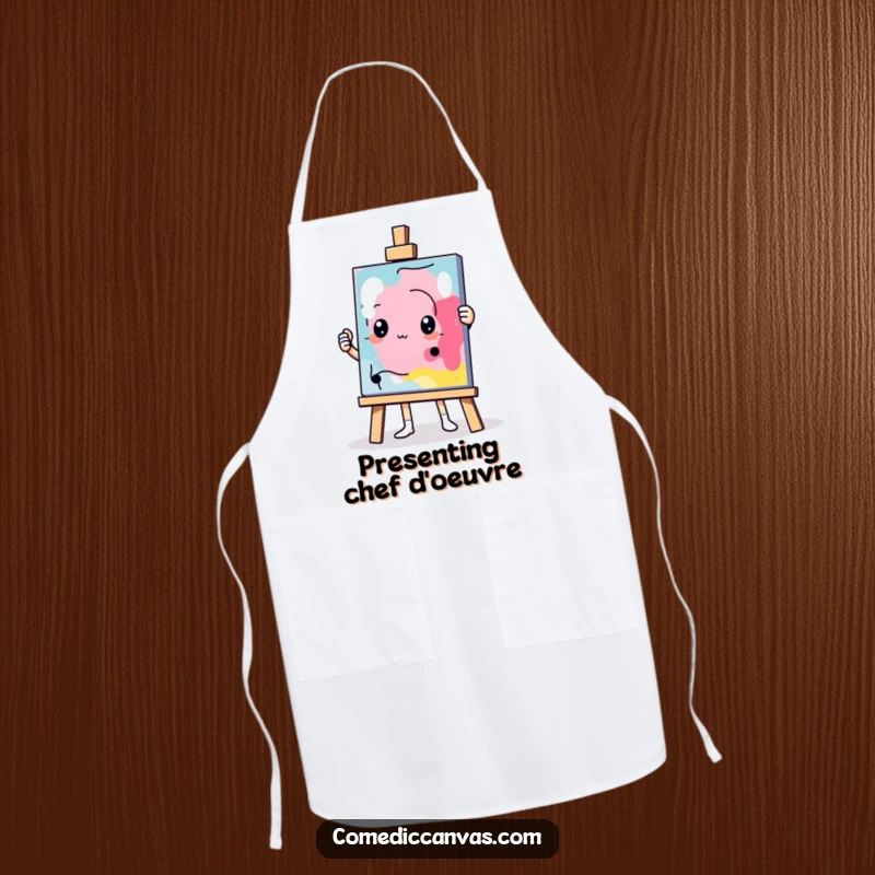 Funny determined easel character holding up an abstract masterpiece, kitchen apron, humorous artistic cartoon.