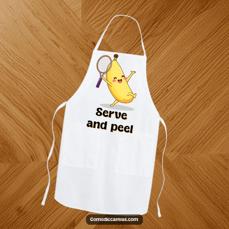 Funny banana character doing a cartwheel with a tennis racket, featured on a functional apron for a humorous cooking experience.