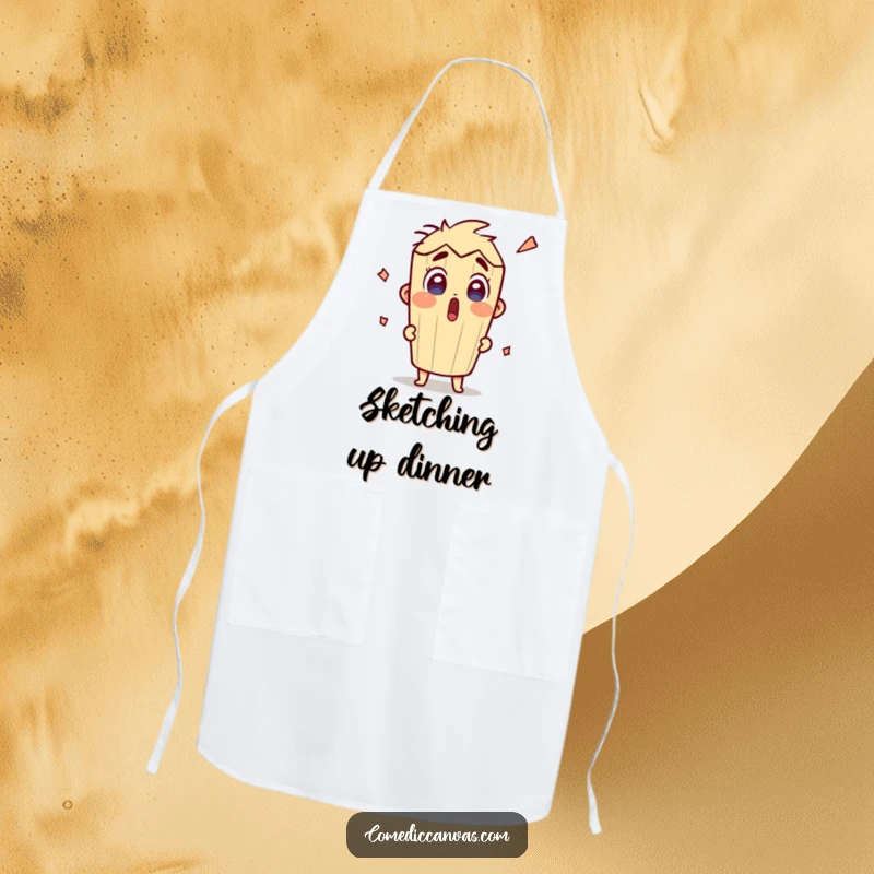 Funny surprised pencil character actively sketching on an apron, ideal for kitchen or studio use with a humorous touch.