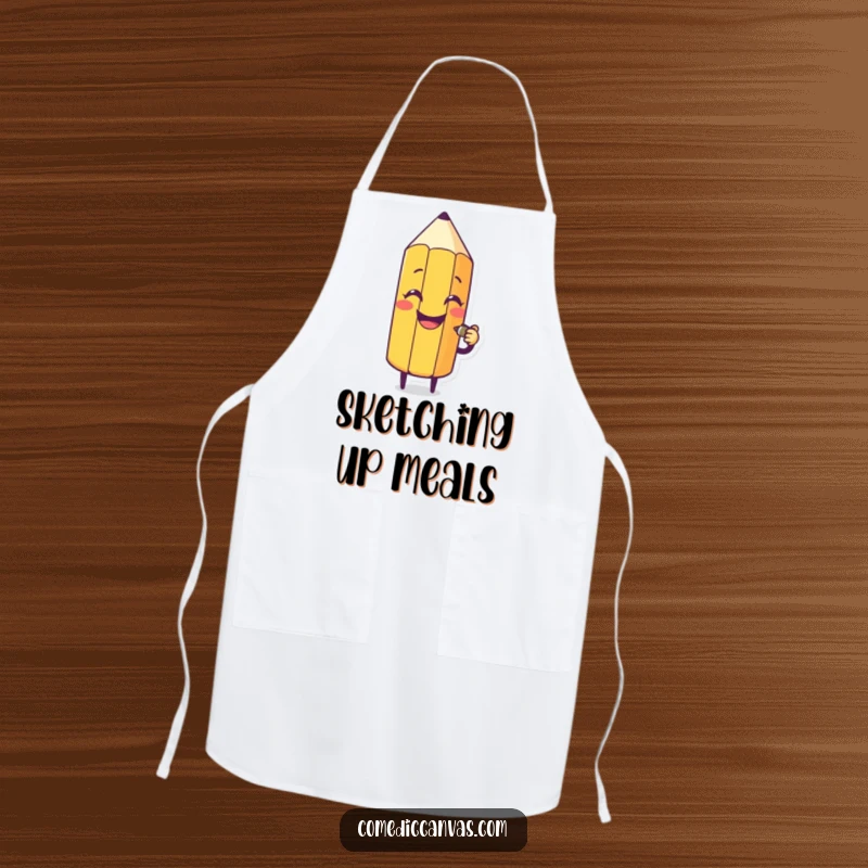 Funny apron with a happy pencil character sketching a silly face, designed for artists and creative cooks alike.