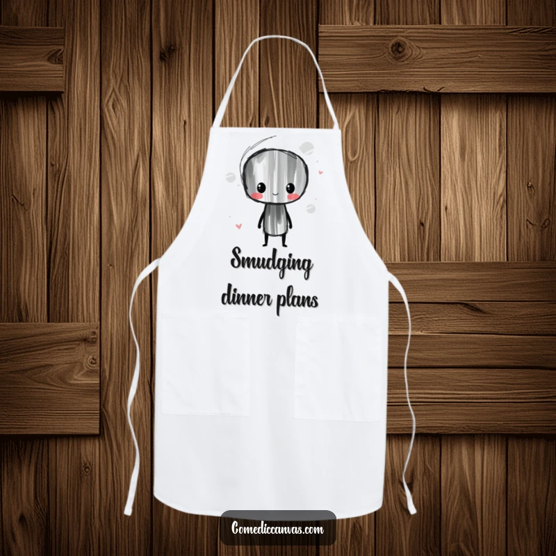 Funny Charcoal Stick Apron showing a whimsical character smudging artful lines, designed for messy artistic endeavors and protection.