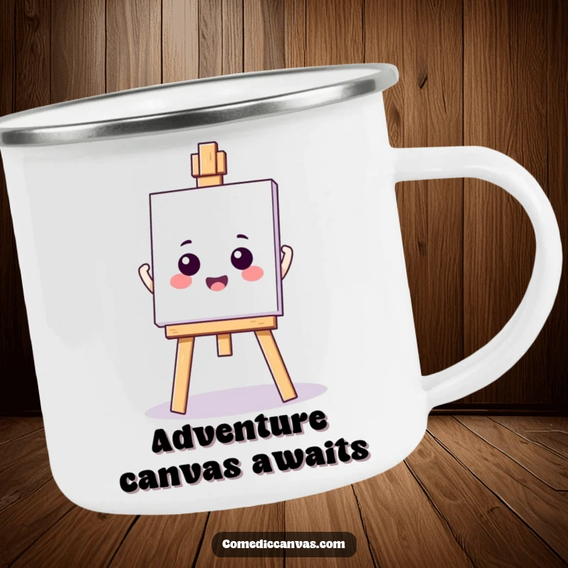 Funny kawaii easel holding a blank canvas, a rugged camping mug for artists, ideal for outdoor creative sessions, humorous.