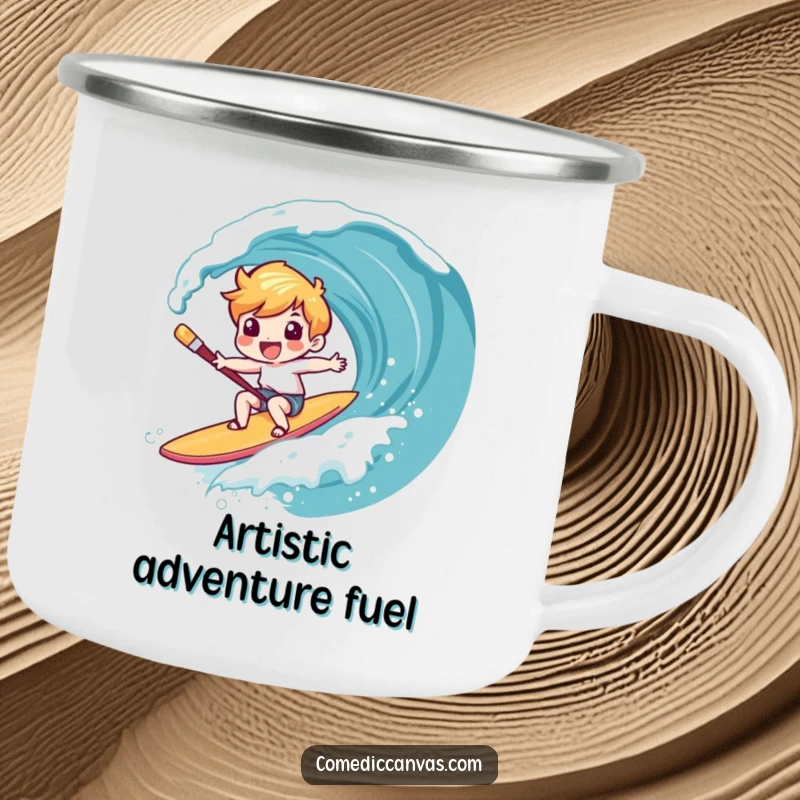 Funny camping mug depicting a character giggling while surfing a canvas wave on a paintbrush, perfect for outdoor enthusiasts who love art.