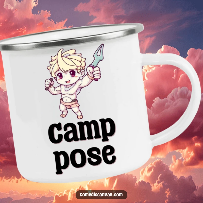 Funny camping mug with a cute sculpture arm character dramatically posing with a tool, for outdoor art.