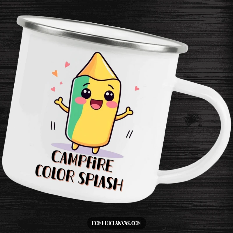 Funny camping mug with a cute, kawaii crayon wiggling with delight as it draws, perfect for outdoor creative sessions.