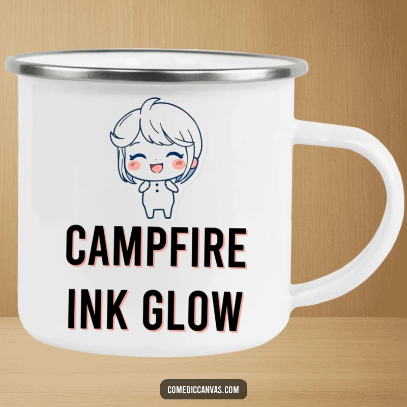 Funny Ink Pen Camping Mug featuring a joyful character creating elegant, flowing strokes, perfect for enjoying drinks outdoors.