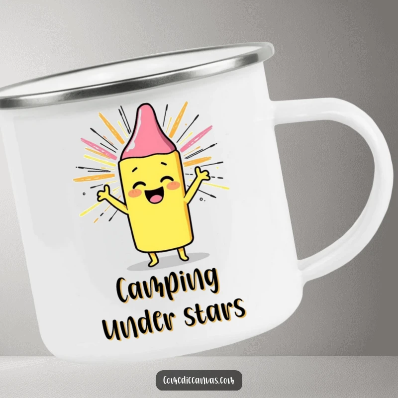 Funny camping mug with a cheerful crayon drawing a sunburst, perfect for outdoor artists, a funny gift.