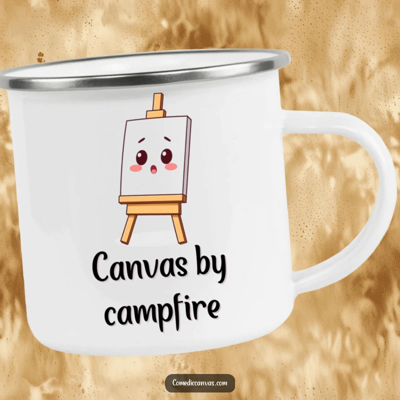 Funny camping mug with a surprised kawaii easel and tilted canvas, perfect for outdoor art inspiration and warm drinks.