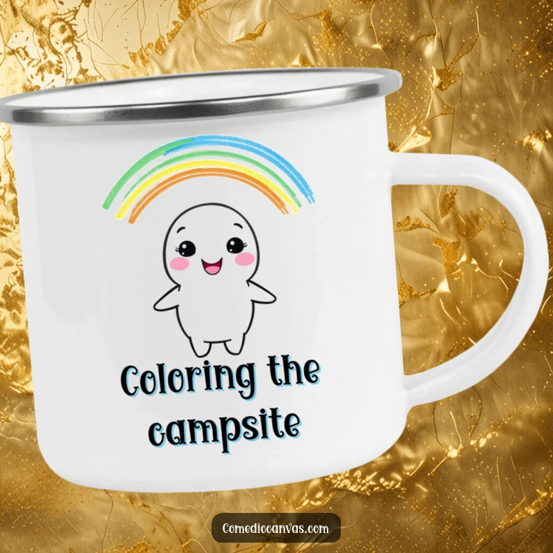 Funny camping mug showing a cheerful crayon character drawing a rainbow, perfect for outdoor enthusiasts and artists.