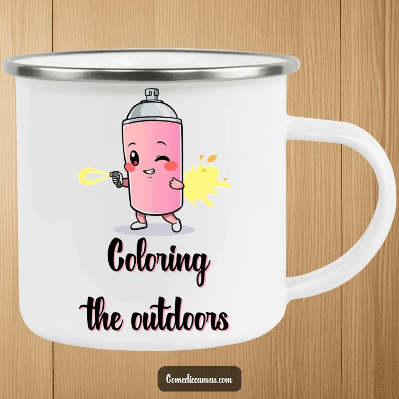 Funny camping mug showing a spray paint can character leaving a vibrant trail, perfect for artistic outdoor moments.