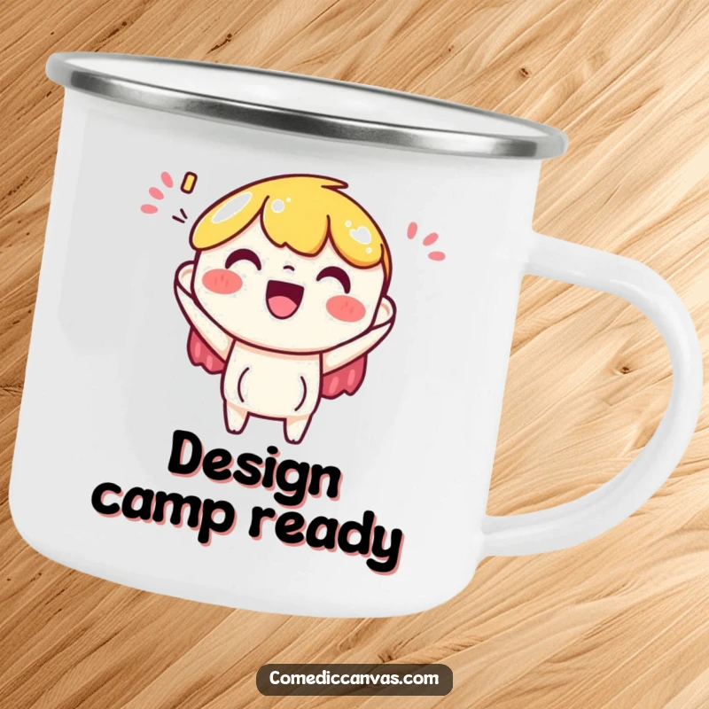 Funny camping mug with a cheerful art paper character excitedly accepting a colorful design, perfect for enjoying drinks outdoors with creative flair.