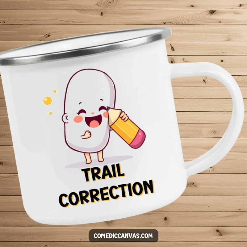 Funny camping mug showcasing a joyful character poking a giant bouncy eraser with a pencil, perfect for artists who explore.