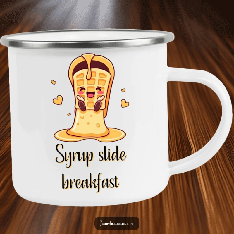 Funny cheerful waffle sliding down a syrup chute on a rugged camping mug.