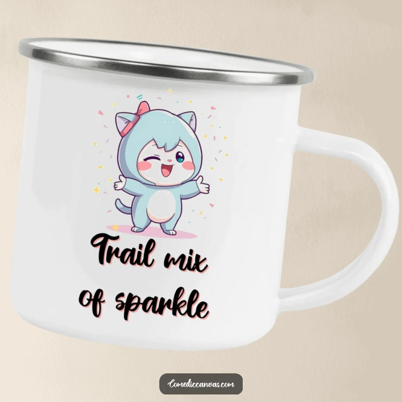 Funny camping mug with a mischievous character playfully throwing glittery confetti, perfect for outdoor parties and celebrations.