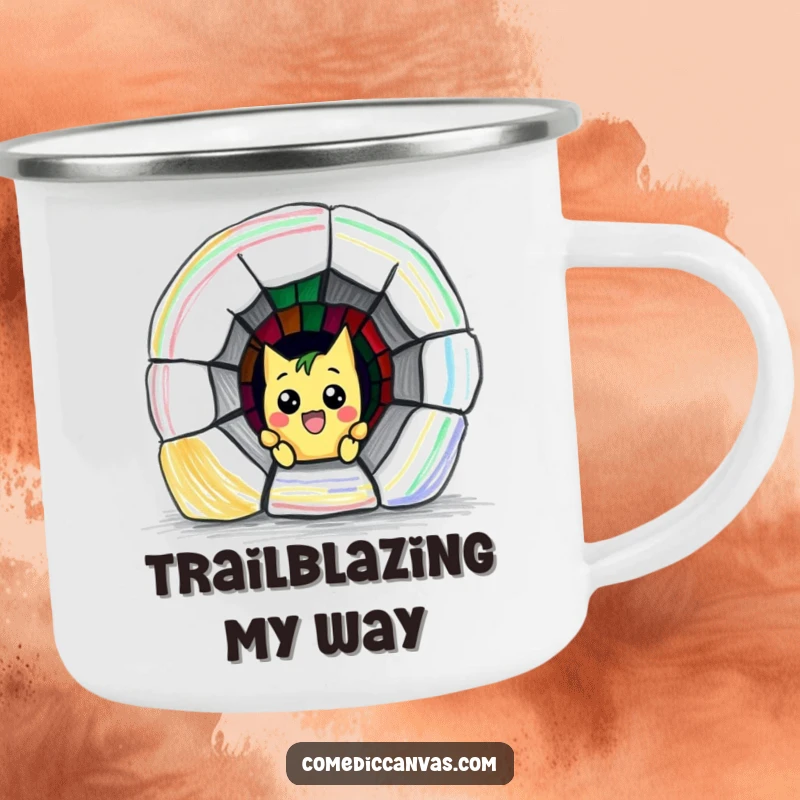 Funny camping mug with a mischievous crayon character humorously drawing a colorful escape tunnel, celebrating outdoor fun and creativity.