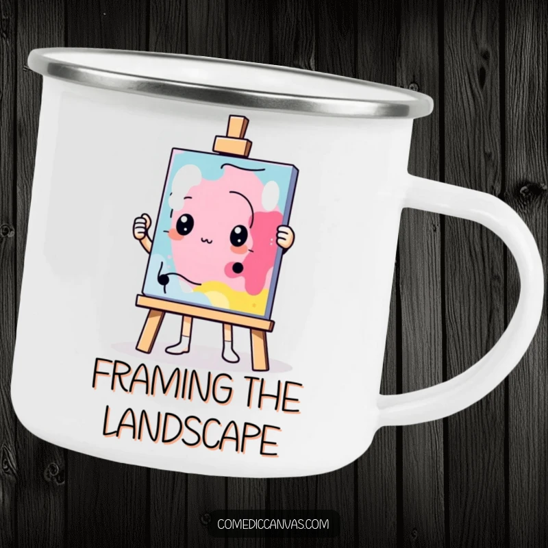 Funny determined easel character holding up an abstract masterpiece, durable enamel camping mug, humorous artistic outdoor art.