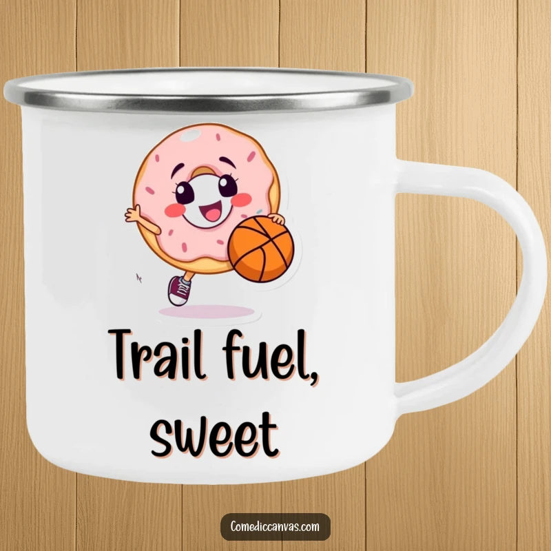 Funny camping mug showcasing a happy donut character dribbling a basketball, perfect for outdoor activities and sports fans.