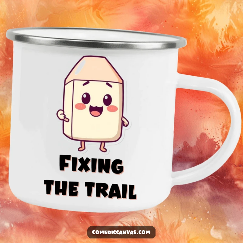 Funny camping mug showing a happy eraser character erasing a surprised expression, perfect for fixing camp surprises.
