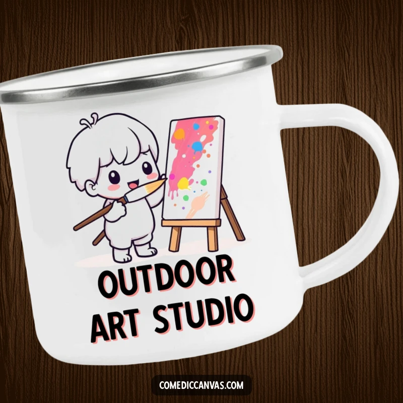 Funny camping mug with a Kawaii character painting a vibrant masterpiece using a comically large brush, for outdoor artists.