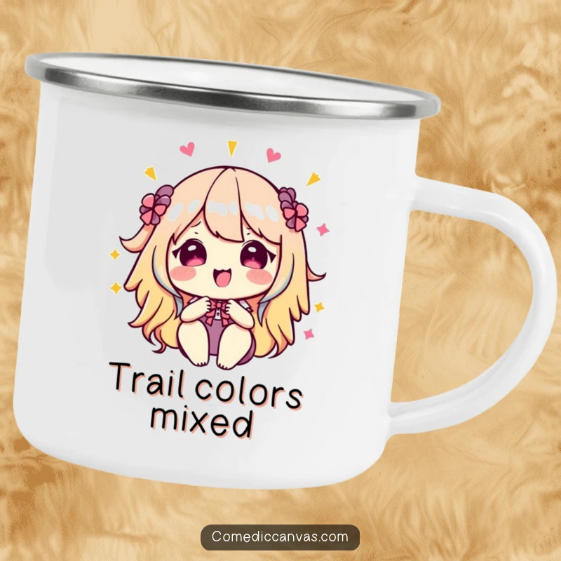 Funny kawaii palette mixing bright colors, a durable camping mug for artists, bringing vibrant humor to outdoor creative sessions.