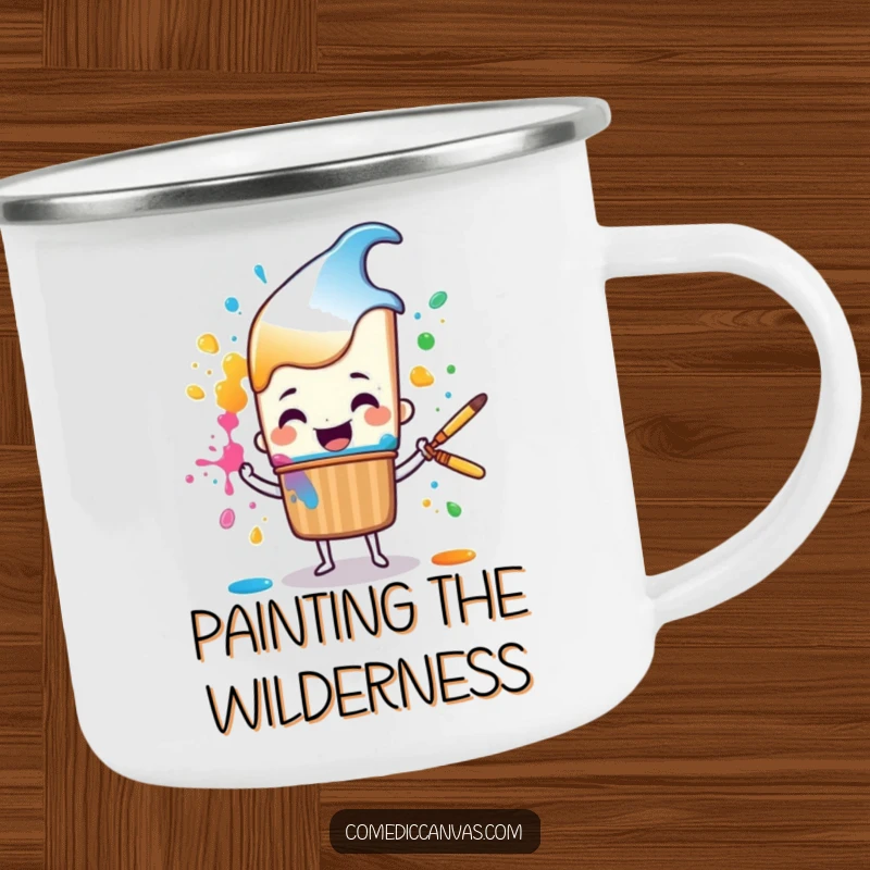 Funny cheerful paintbrush character happily splattering colorful paint, a durable and humorous camping mug.