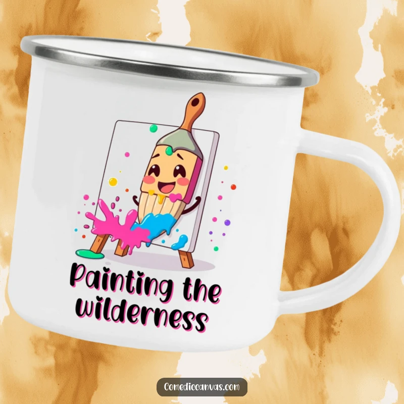 Funny camping mug with a smiling paintbrush splattering paint, perfect for outdoor artists, a funny gift.