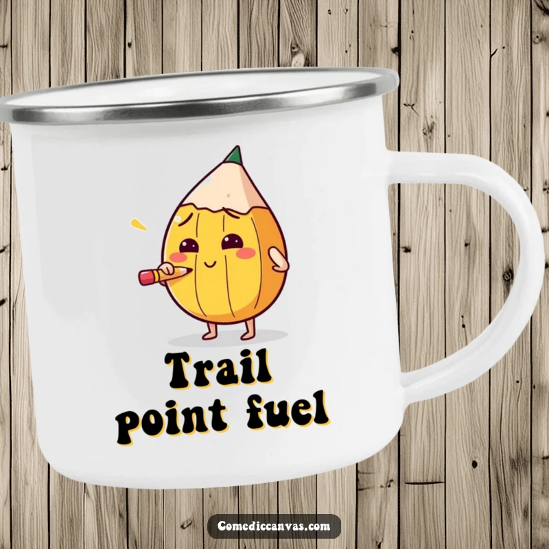 Funny camping mug showing a round pencil character sharpening itself with intense concentration, ideal for outdoor study sessions.